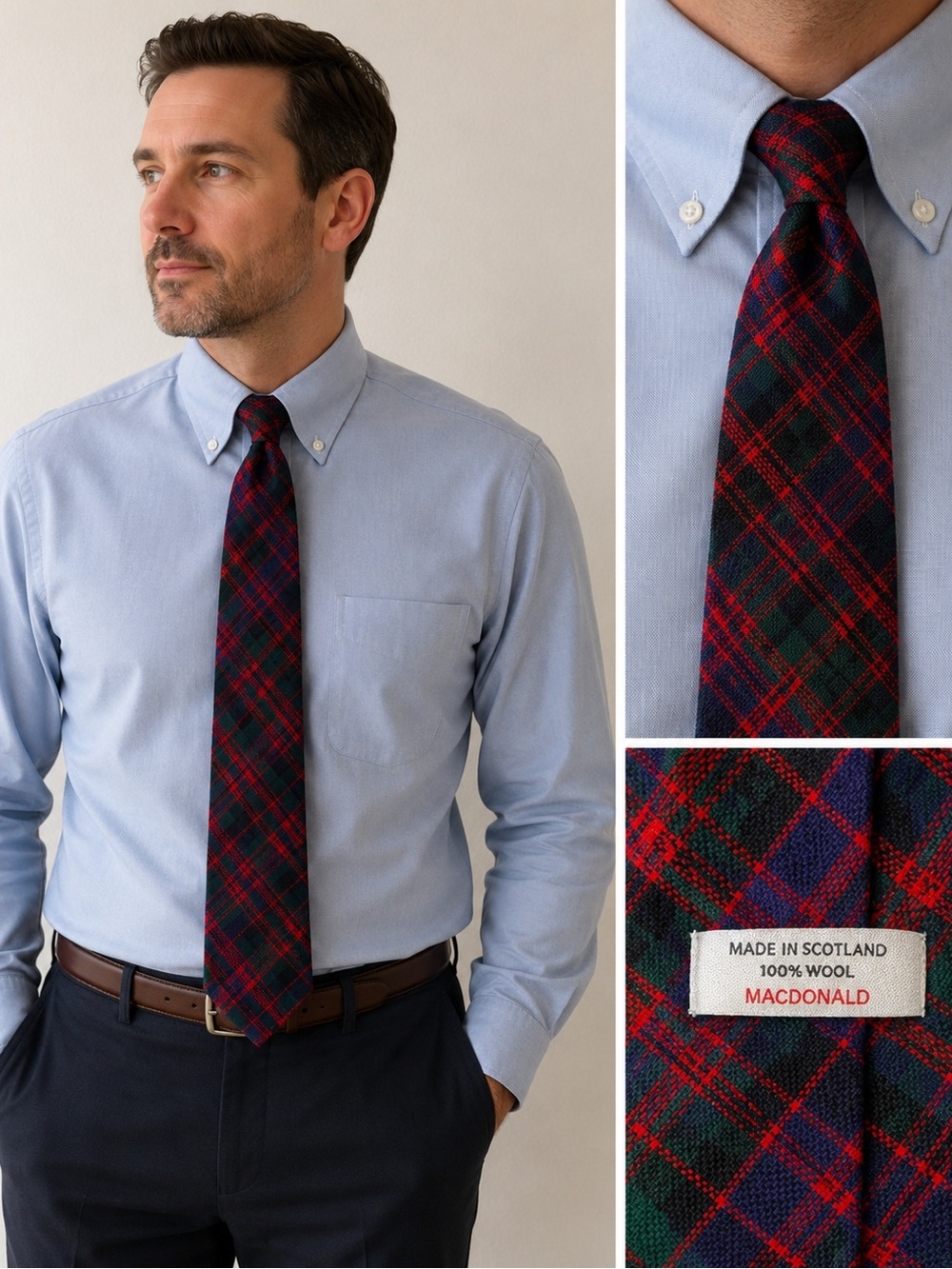 Vintage 70’s MacDonald Tartan Wool Tie Made In Scotland Red Green Plaid Necktie